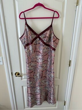 Jessica | Paisley satin slip dress with wine trim size 2xl